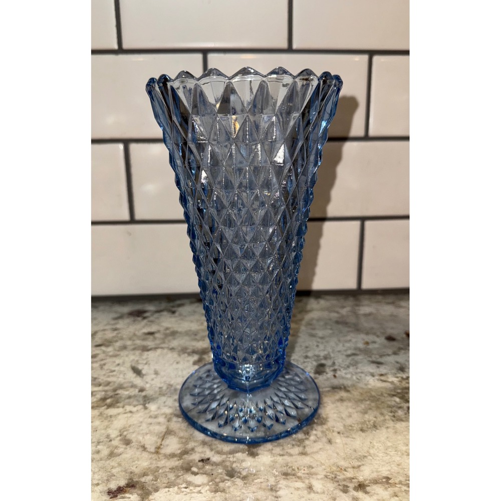 Vintage Light Blue Diamond Point Glass Trumpet Vase Pedestal Base 7.5 Inch